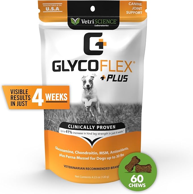 VetriScience GlycoFlex Plus Hip and Joint Supplement for Small Dogs - Extra-Strength Joint Support Chews for Dogs Under 30 Pounds, with Green Lipped Mussel, Chondroitin, and Glucosamine for Dogs