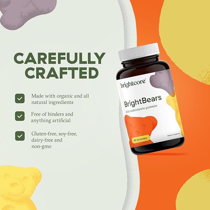 BrightBears Gummy Bear Kids Vitamins with Vitamins A, C, D, E, B6, B12, Biotin, Zinc, Kids Multivitamin Gummies, Multivitamin for Kids, Non-GMO, Gluten-Free, 60 Gummies Nutrition
