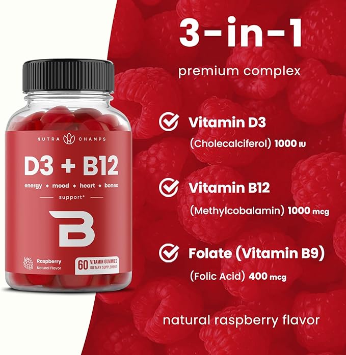 Vitamin D3 & Vitamin B12 | Methyl B12 Gummies for Adults & Kids | Enhanced with Vitamin D 3 & B9 Vitamin Folate | Natural Energy, Mood, Metabolism & Focus | Raspberry | 60 Gummies