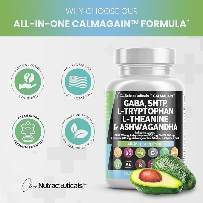 Clean Nutraceuticals GABA 750mg 5 HTP 200mg L Tryptophan 500mg L Theanine 200mg Ashwagandha SAM-e L-Glycine - Mood Support Vitamins for Women and Men with L-Tyrosine - Count
