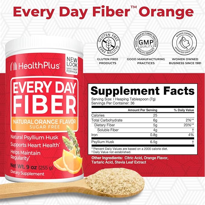 Health Plus Every Day Fiber Digestive Support | Natural Sweetener without Artificial Flavors | Daily Fiber for Toxin Elimination To Reduce Bloating | Orange Flavor | 9 Ounces, 36 Servings.
