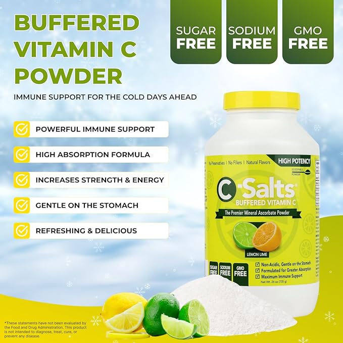 4000mg Vitamin C Powder Supplement - 100% Pure Buffered Powdered Drink w/Ascorbate C - Immune Support, Stomach-Friendly Absorption, Organic, Vegan, Sodium & Sugar-Free, Lemon Lime 26oz