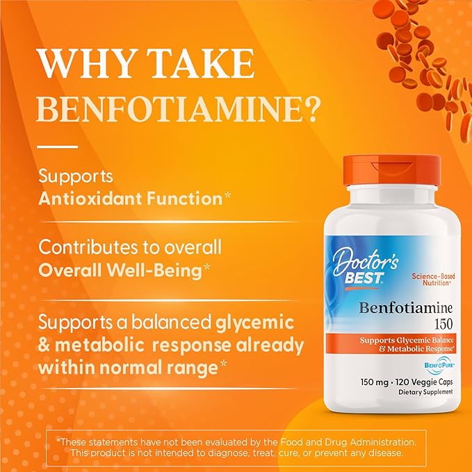 Doctor's Best Benfotiamine, Supports Glycemic Balance & Metabolic Response, Non-GMO, Vegan, Gluten Free, Soy Free, 150 mg, 120 Veggie Caps