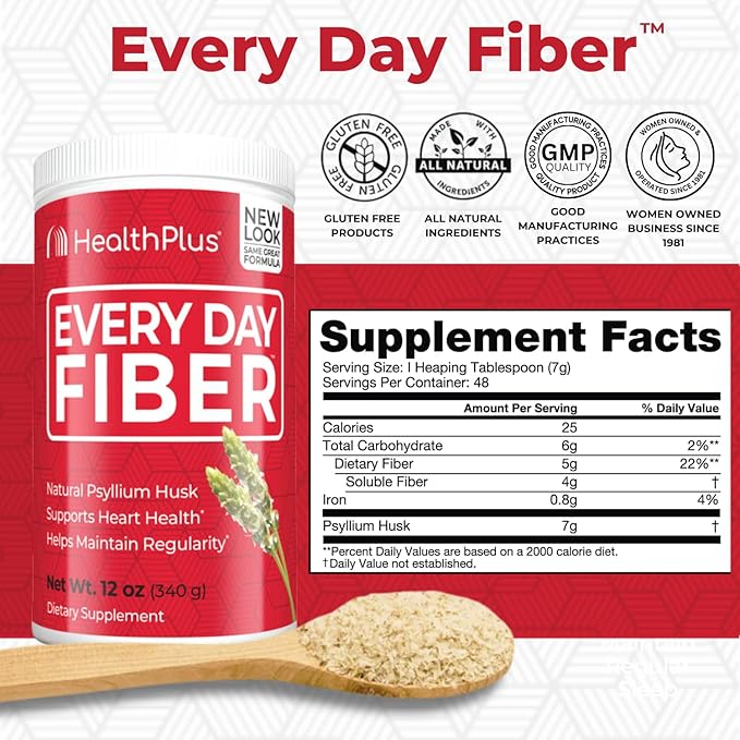 Health Plus Every Day Fiber Digestive Support | All Natural Daily Fiber To Reduce Bloating | Supports Heart Health | 12 Ounces, 48 Servings