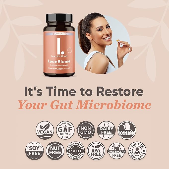 LeanBiome, 9-Strain Probiotic Formula, Supports a Balanced Gut Microbiome, Powerful Gut Probiotics with Greenselect Phytosome - 60 Capsules, 6 Pack