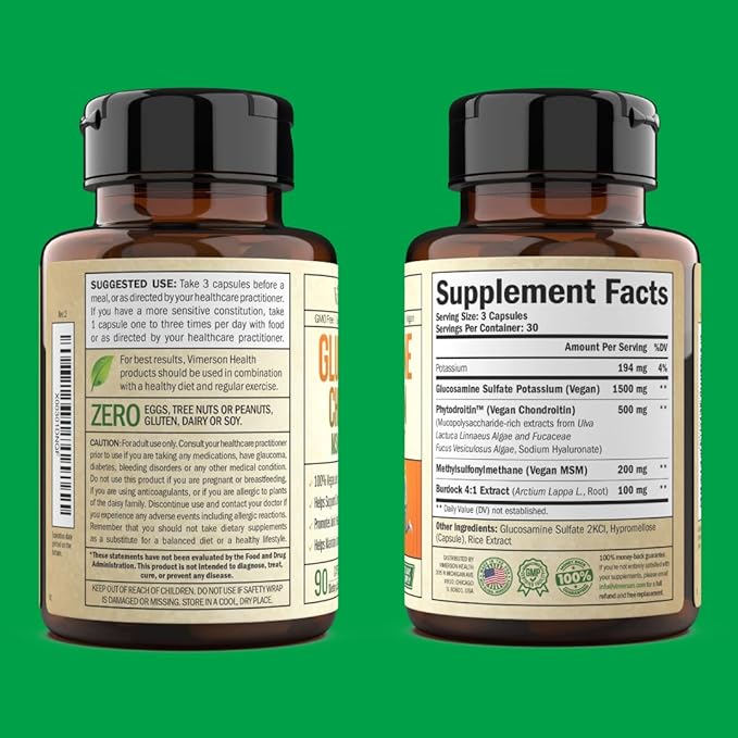 Vegan Glucosamine Chondroitin MSM - 100% Vegan Joint Support Supplement for Women & Men with Burdock and Glucosamine Sulfate 1500 mg. Used for Cartilage and Joint Health and Flexibility - 90 Capsules