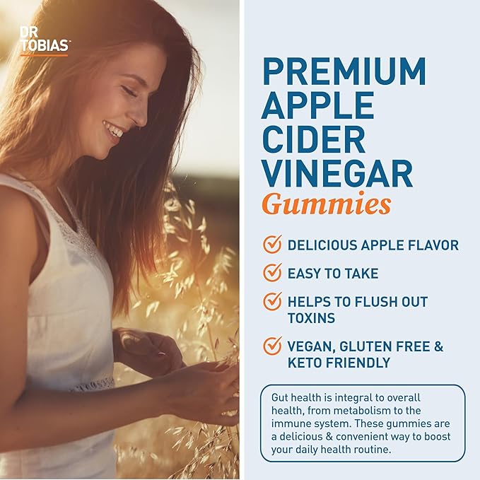 Dr. Tobias Apple Cider Vinegar Gummies, Includes 500 mg Apple Cider Vinegar with Mother, Folate, B12 & Iodine, Supports Gut Health, Cleanse & Detox, Vegan & Gluten-Free, 120 Gummies