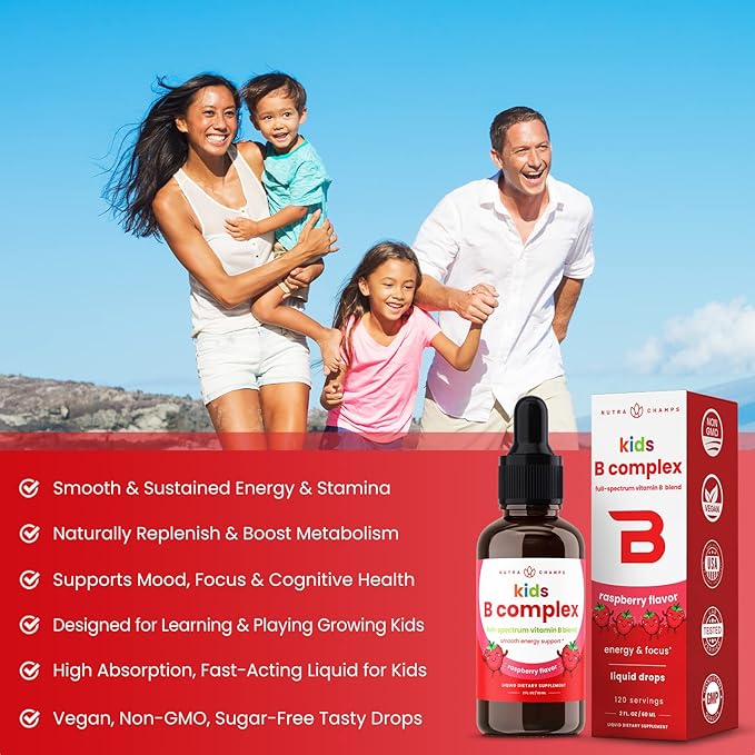 Vitamin B Complex for Kids | B1, B2, B3, B6, B7, B9 & Methyl B12 | Kids B Complex Liquid Drops Supplement | Energy, Focus, Metabolism | Vegan & Non-GMO | Natural Berry | 120 Servings | 4 Month Supply