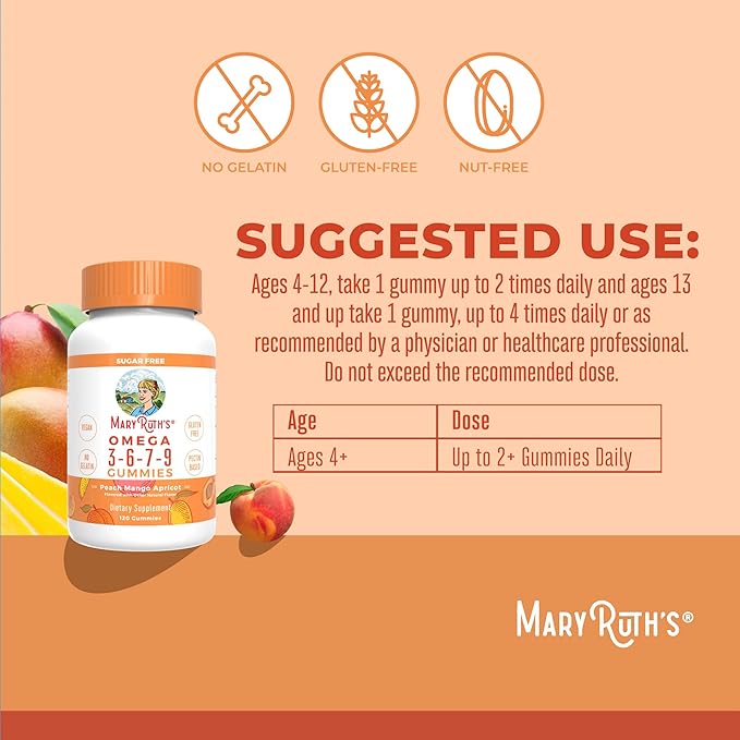 Vegan Omega 3 6 7 9 Gummies by MaryRuth's | Up to 4 Month Supply | Omega 3 Supplement with Flaxseed Oil | Omega 3 Gummies | No Fish Taste | Non-GMO | 120 Count