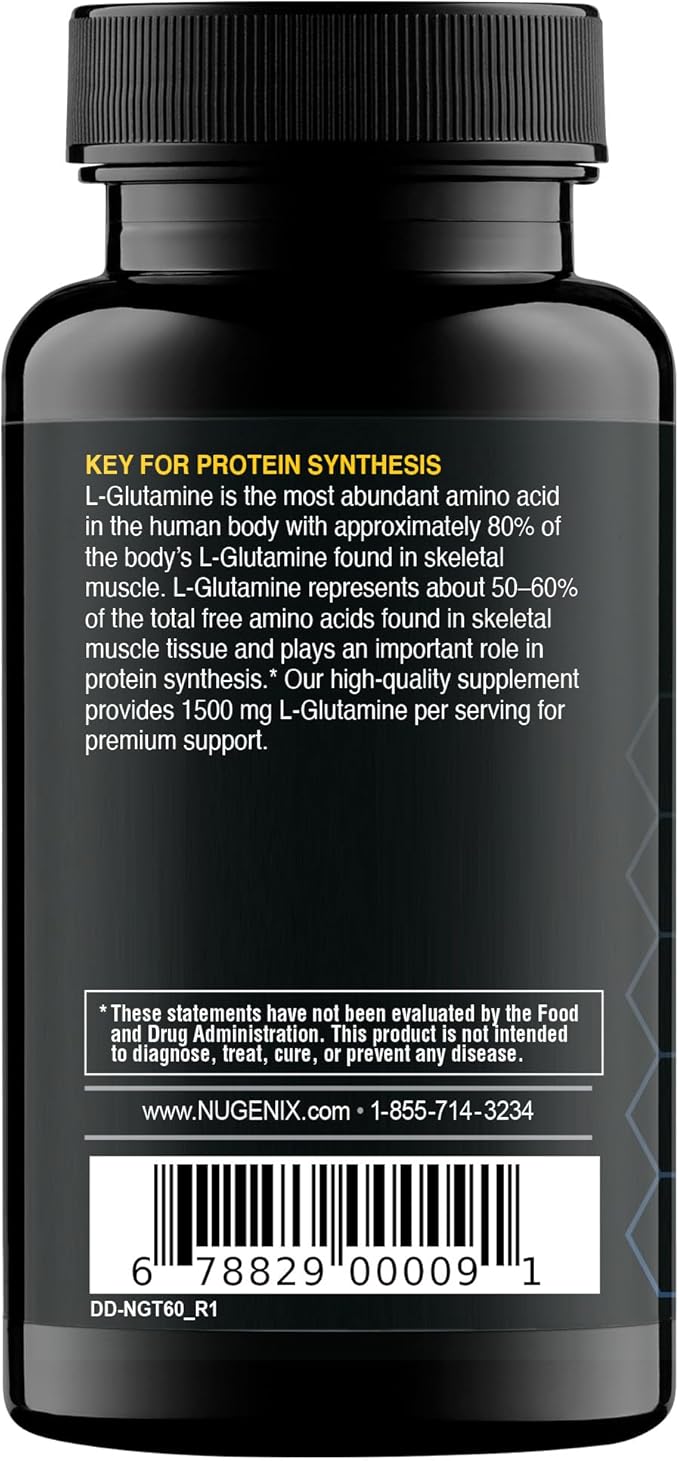 Nugenix Essentials L-Glutamine, 1500mg 100% Botanical L-Glutamine Amino Acid, Protein Synthesis, Supports Cellular Function, 60 Capsules