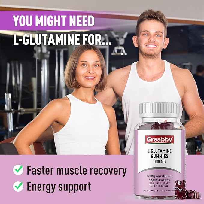 L Glutamine 1000mg Gummies - Muscle Relief & Immune Support, Amino Acid Supplement with Magnesium Glycinate, Vegan & Non-GMO, Gluten Free (60 Count)