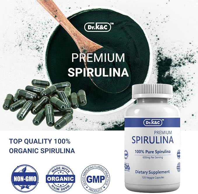 Dr.K&C Organic Spirulina Superfood Supplement – Pure Natural Blue Green Microalgae 600 mg 120 Veggie Capsules Health Immune System Antioxidants Protein Fiber No Filler Non GMO Vegan