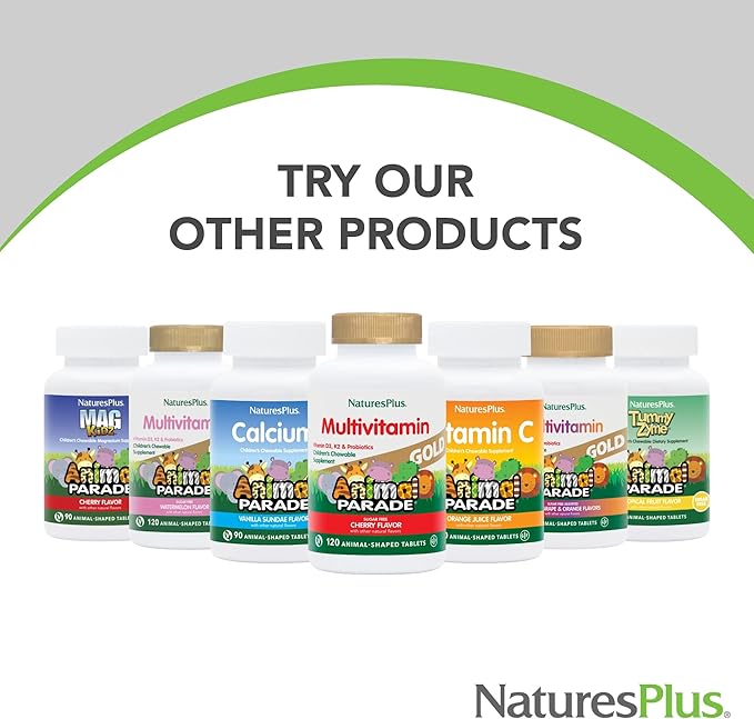 Natures Plus Animal Parade Gold Children's Chewable Multivitamin - Natural Cherry Flavor - 120 Animal Shaped-Tablets, Pack of 2 - with Vitamin D3, K2 & Probiotics - 120 Total Servings