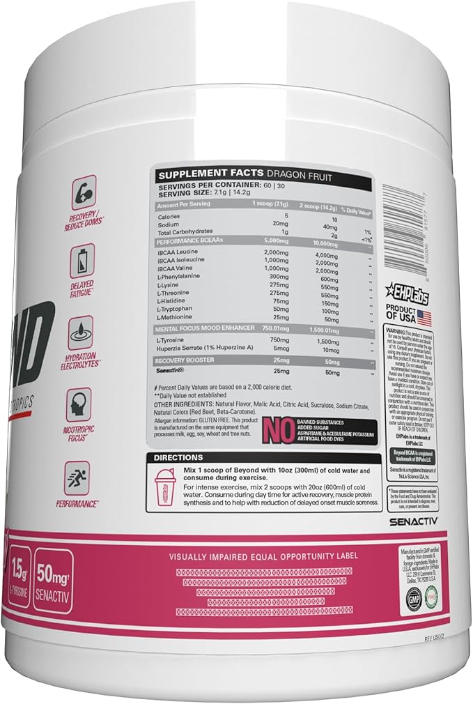 EHP Labs Beyond BCAA Powder Amino Acids Post Workout Recovery - BCAAs Essential Amino Acids EAA Supplements Powder - 10g Amino Acids Supplement for Muscle Recovery, 60 Servings (Dragon Fruit)
