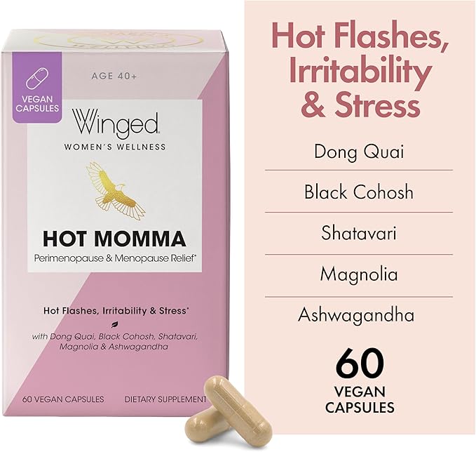 Winged Wellness Hot Momma | Menopause Capsules for Women | Hormone Balance, Hot Flashes, Night Sweats, Sleep, Mood & Bone Health | Chaste Tree, Dong Quai, Black Cohosh, Vitamins D & K-2 | 60ct