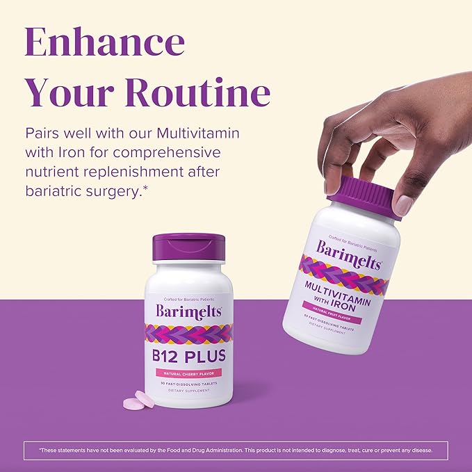 BariMelts Vitamin B12 Plus - 90 Fast-Dissolving Tablets (3-Month Supply) - Sugar-Free Bariatric Vitamins for Women, Includes B12, B6, Folate & Biotin, Natural Cherry Flavor