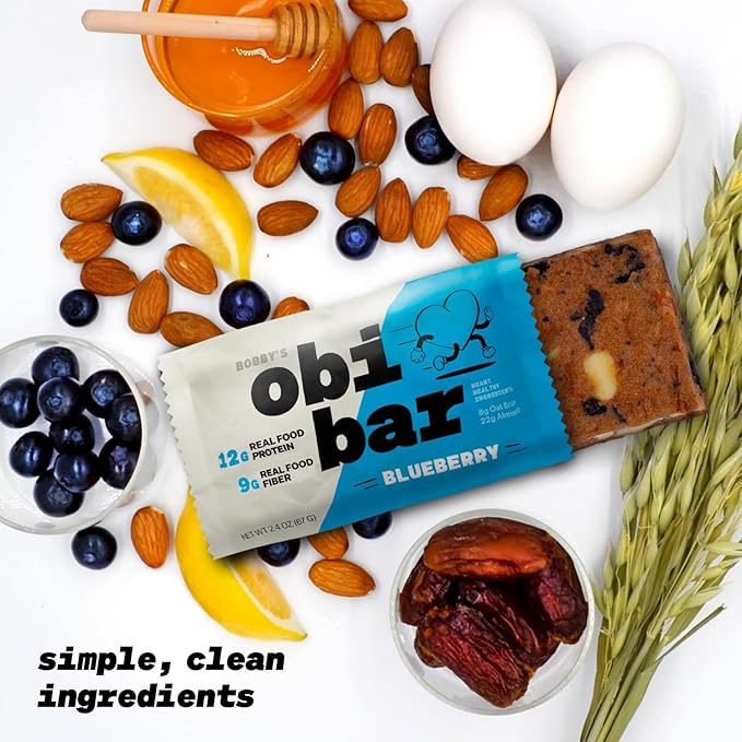 Obi Bar Blueberry - Protein and Oat Fiber Bar | All Natural | Meal Bar | Heart and Gut Health | Lightly Sweet | Natural Blueberries | Almond Chunks | Soy Free, Dairy Free | Breakfast Bar