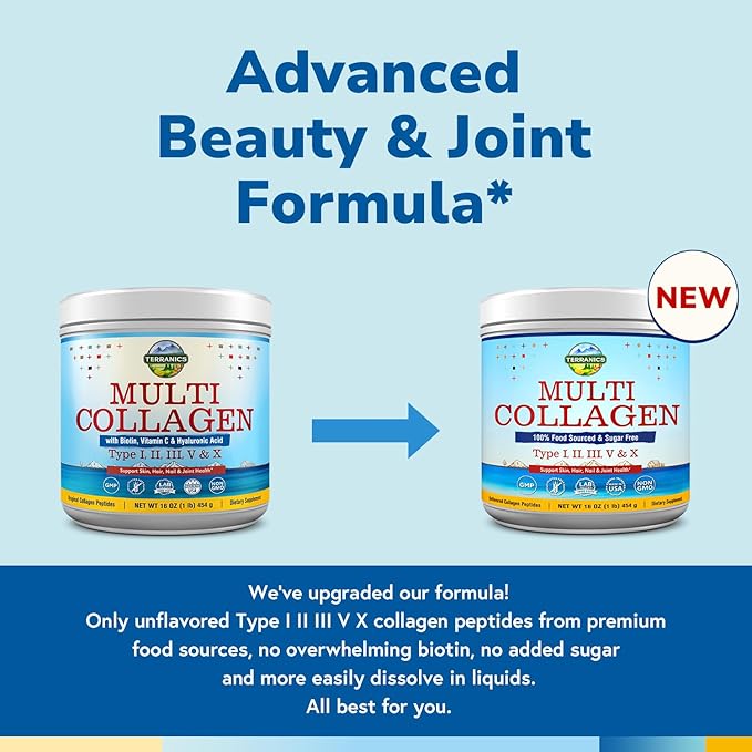 Terranics Multi Collagen Peptides Powder, Type I II III V X Hydrolyzed Collagen for Women+Men, Collagen Supplements for Skin Nail Hair & Joint, Fast Dissolve, Unflavored Colageno, No Sugar, Keto, 16oz