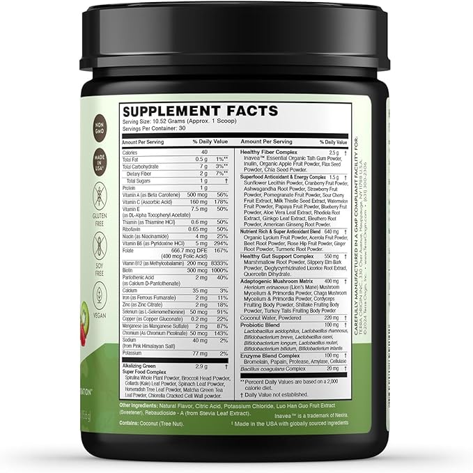 TERRA ORIGIN Healthy Greens Powder, Superfoods, Probiotics, Enzymes, Immune & Digestive Support, Energy & Wellness Boost, Gut Health, 30 Servings (1-Pack, Kiwi Strawberry)