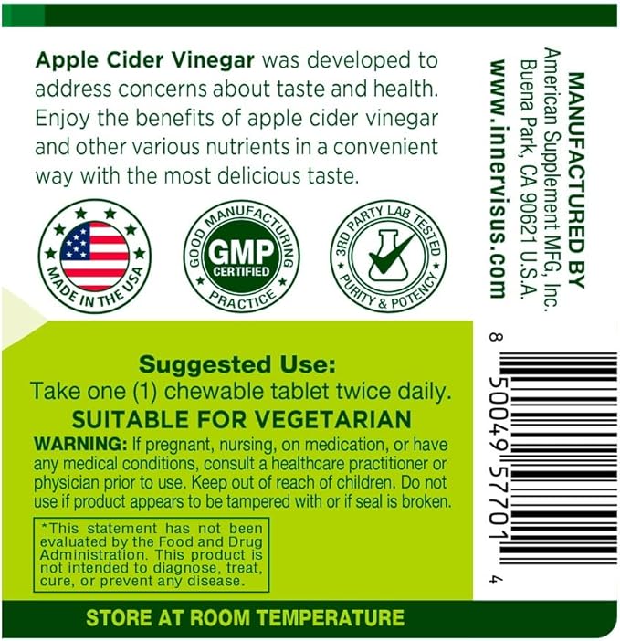 Apple Cider Vinegar 60 Chewable Tablets Healthy Heart Immune Support Energy Production Supplement