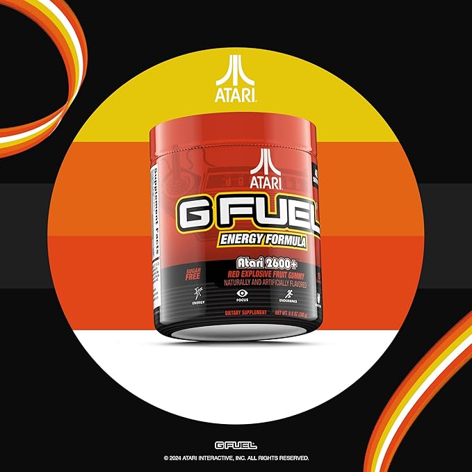 G Fuel Atari 2600+™ Energy Drink Powder, Pre Workout Caffeine Powder, Energy Powder Drink Mix for Gaming, Sugar Free Focus Amino, Vitamin + Antioxidants, 9.9oz (Red Explosive Fruit Gummy, 40 Servings)