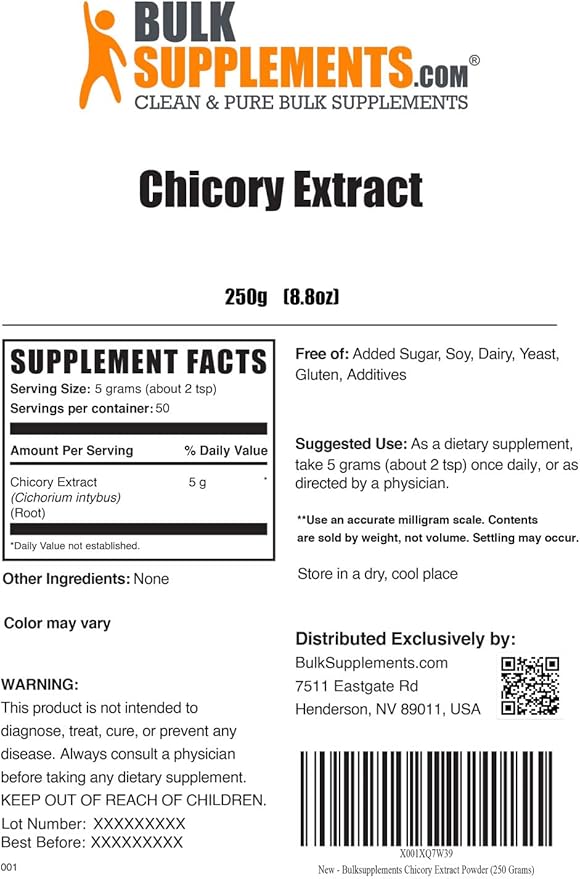 BulkSupplements.com Chicory Extract Powder - Chicory Root Supplement, Chicory Root Powder - Fiber Supplement, Gluten Free, 5g per Serving, 250g (8.8 oz) (Pack of 1)