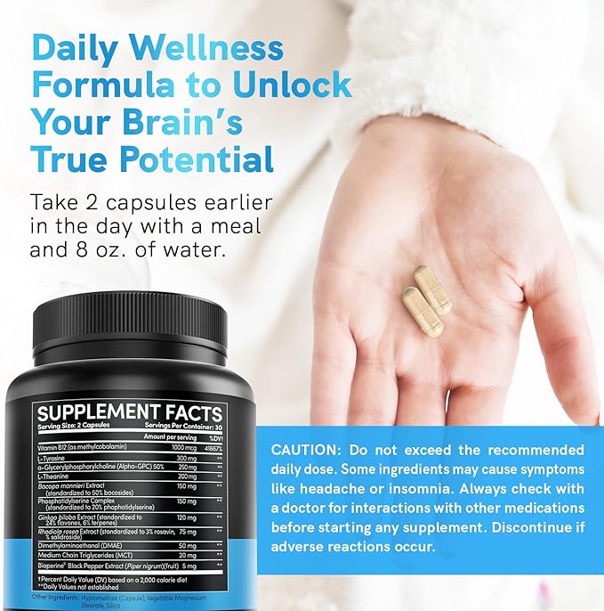 11-in-1 Nootropic Brain Supplements: Memory & Focus Supplement with Ginkgo Biloba, L Theanine, Bioperine, & Alpha GPC Choline - 1321mg, 60ct - Stimulant Free, Vegan - Focus Brain Support (1 pack)