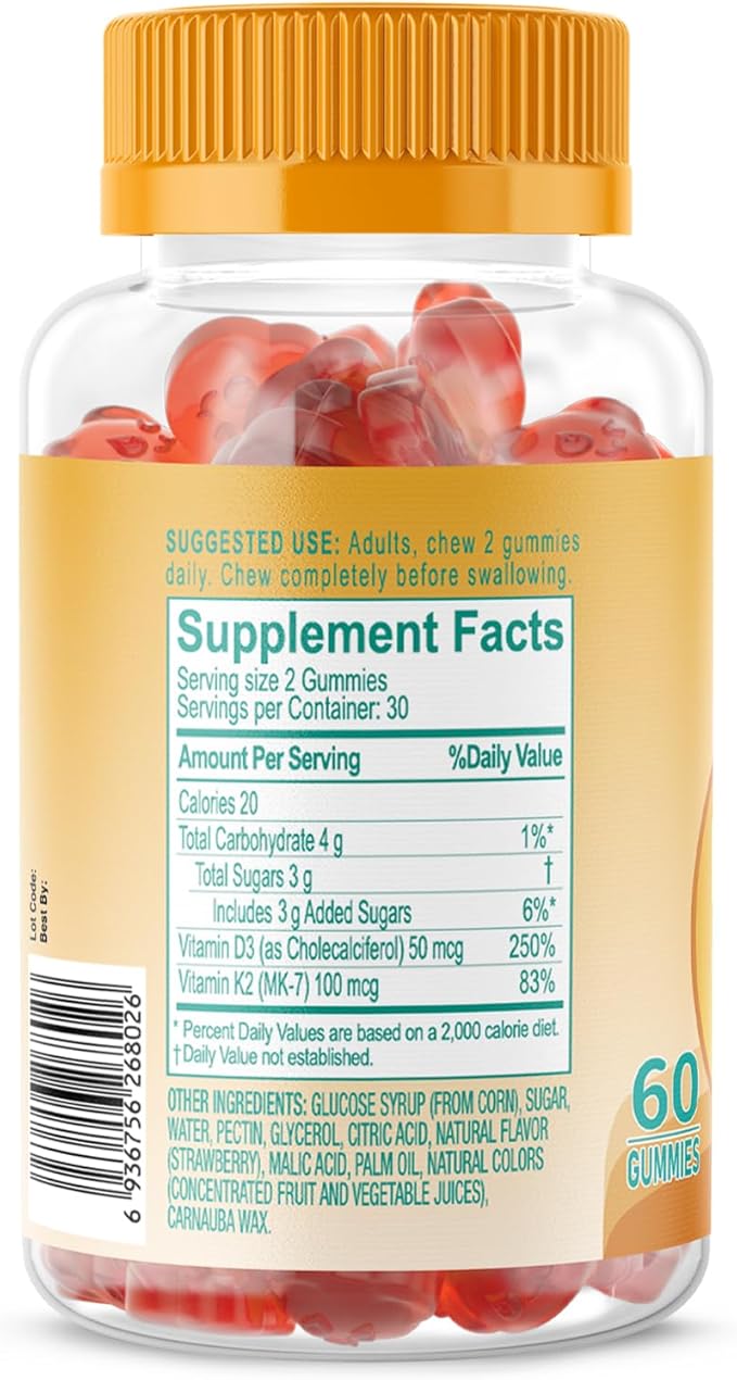 Natural Vitamin D3 K2 Gummies, 2000 IU Vitamin D3 & 100 mcg Vitamin K2,Supports Healthy Bone, Immune Health Supplement, GMO Free, Gluten Free (Strawberry Flavor, 60 Count)