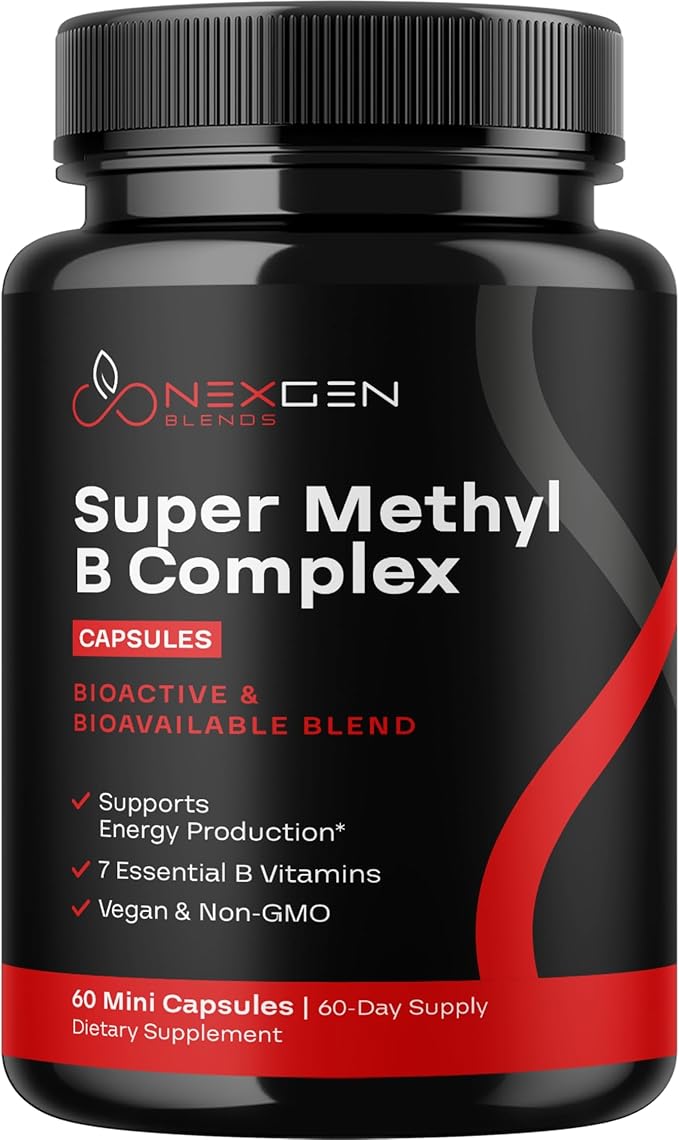 Methylated B Complex Vitamin Supplement - Bioactive Methyl B Complex with 5-MTHF Methyl Folate & B12 Methylcobalamin for Brain Heart Energy & Homocysteine Support - Super Vitamin B Complex - 60 Caps