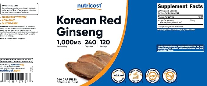 Nutricost Korean Ginseng 1000mg Serving, 240 Capsules - 1000mg Potent Serving Size, 500mg Per Capsule - Korean Red Ginseng - Gluten Free & Non-GMO