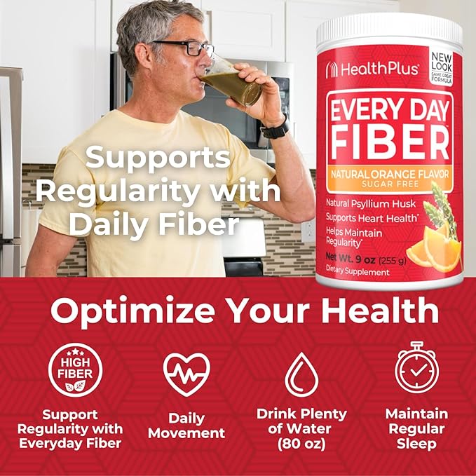 Health Plus Every Day Fiber Digestive Support | Natural Sweetener without Artificial Flavors | Daily Fiber for Toxin Elimination To Reduce Bloating | Orange Flavor | 9 Ounces, 36 Servings.