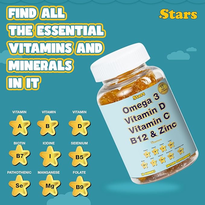 Adult Multivitamin Gummy with Omega 3, Chewable Multivitamin with Selenium, Vitamin A, B, C, D, Biotin, Multivitamin for Women, Multivitamin for Men, 60 Star Shaped Multivitamin Gummies