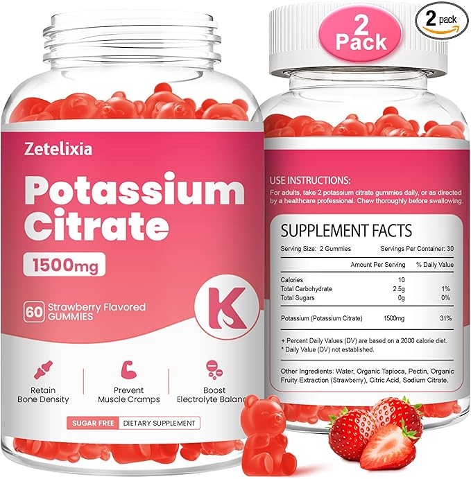 2 Pack Potassium Gummies for Adults & Women, 1500mg Potassium Citrate Supplement, Support Leg Cramps, Muscle Health & Electrolyte Balance, Sugar Free, Organic, Vegan, Strawberry, 120 Cts