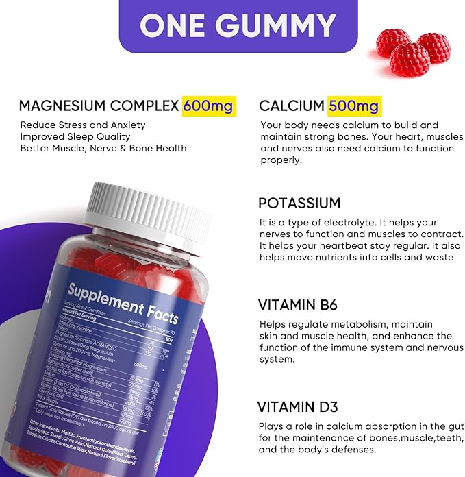 Magnesium Glycinate Gummies 600mg for Sleep: Magnesium Supplement for Adult - Calm Magnesium Gummies Multivitamin, Raspberry Flavor, 60 Count