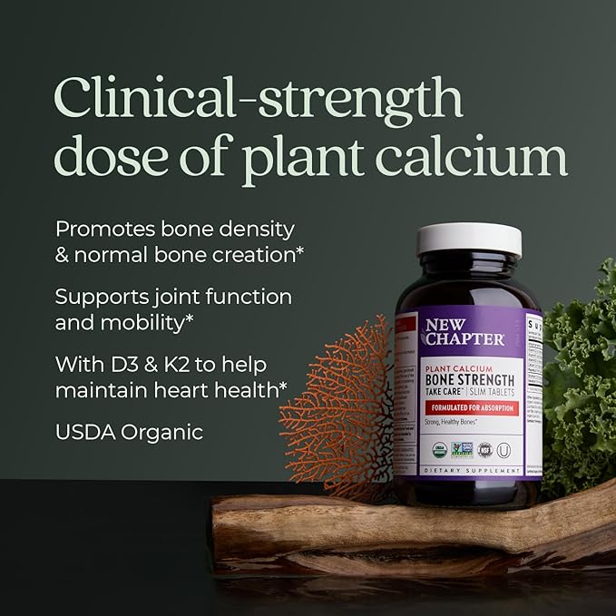 New Chapter Calcium Supplement - Bone Strength Organic Calcium with Magnesium, Vitamin D3+K2, 70+ Trace Minerals for Bone Health, Gluten Free, Easy to Swallow Slim Calcium Tablets - 120 Count