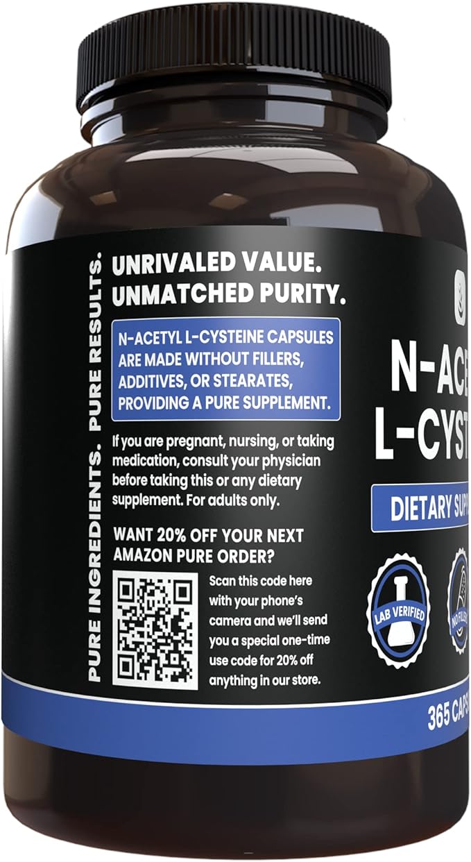 PURE ORIGINAL INGREDIENTS N-Acetyl L-Cysteine (365 Capsules) No Magnesium Or Rice Fillers, Always Pure, Lab Verified