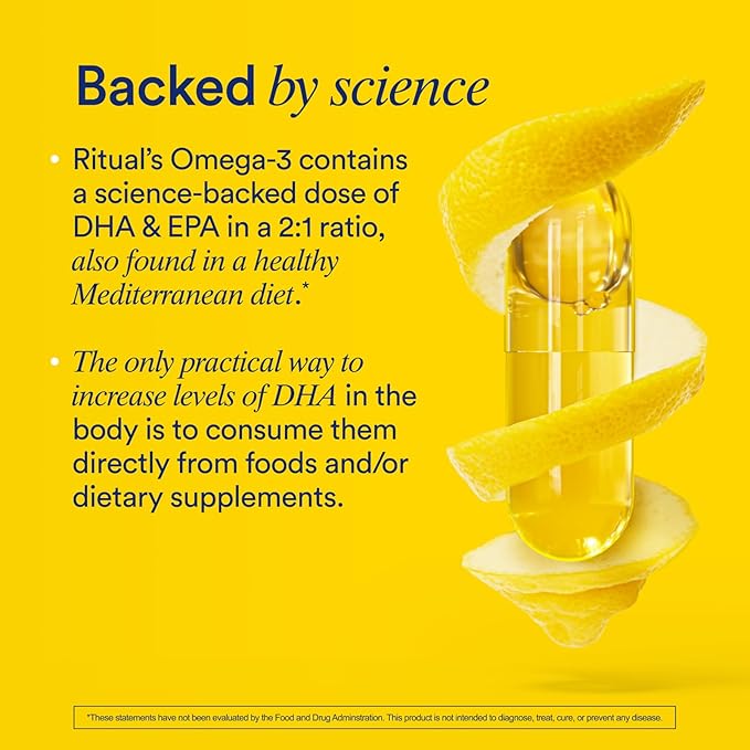 Ritual Omega 3 - Vegan - Science-Backed Dose of DHA & EPA Fatty Acids in 2:1 Ratio, Bioavailable, Brain and Heart Health Support, Minimal Burp-Back, Sustainably Sourced Microalgae, 30 Day Supply