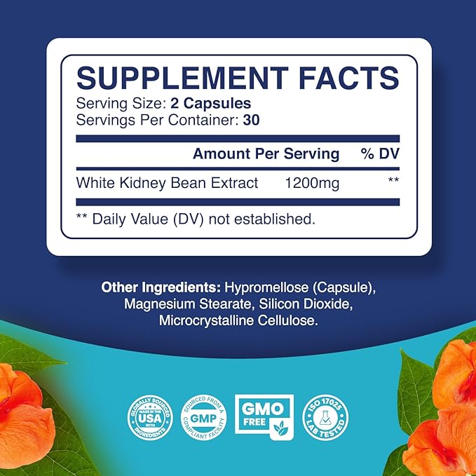 White Kidney Bean Extract Capsule - Extra Strength White Kidney Bean Sugar & Carb Blocker plus Appetite Suppressant Support - Plant Based Energy Supplement - Non-GMO Gluten Free & Made in the US