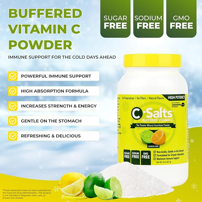4000mg Vitamin C Powder Supplement - 100% Pure Buffered Powdered Drink with Ascorbate C - Immune Support, Stomach-Friendly Absorption, Organic, Vegan, Sodium & Sugar-Free, Lemon Lime 8oz