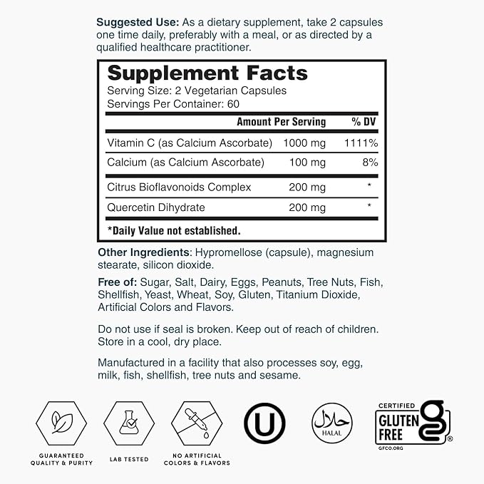 Nature’s Lab Gold Super Vitamin C 1000mg – Immune System Support – Contains Bioflavonoids Complex & Quercetin – Non-Acidic, Non-GMO, Gluten Free, Vegan – 120 Capsules (2 Month Supply)