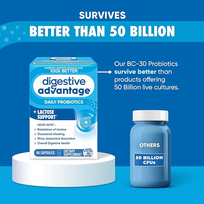 Digestive Advantage Probiotics + Lactase Digestive Enzymes For Digestive Health, Daily Probiotics For Women Men Occasional Bloating, Lactose Breakdown, Minor Abdominal Discomfort, Immune Support, 96ct
