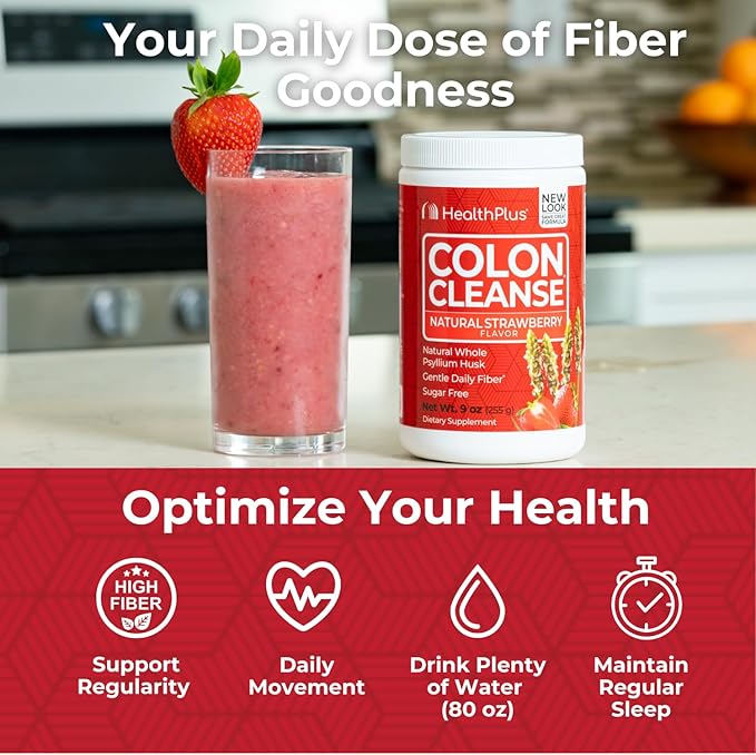 Health Plus Colon Cleanse Digestive Support | Natural Sweetener without Artificial Flavors | Daily Fiber for Toxin Elimination To Reduce Bloating | Strawberry Flavor | 9 Ounces, 36 Servings