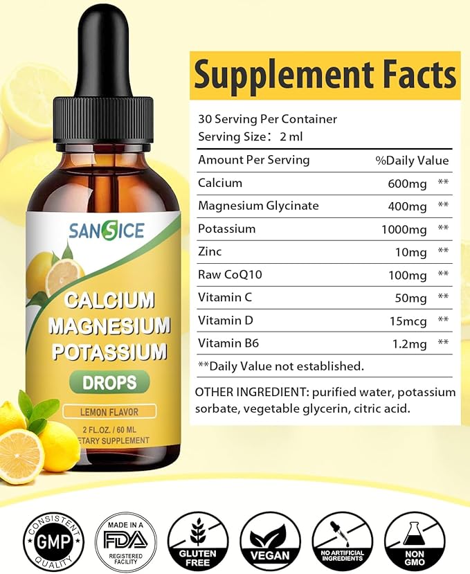 Calcium Magnesium Potassium Supplement Liquid,400mg Magnesium Glycinate,600mg Calcium Magnesium Drop Supplement with Vitamin D and Zinc (60ml/Lemon Flavor)