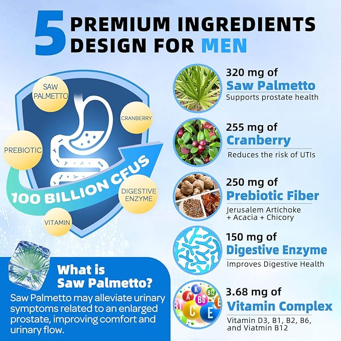 ZEBORA Probiotics for Men 100 Billion CFU - Probiotics for Digestive Health, Men's Probiotics Supplement, Prebiotics & Enzymes, for Prostate Health with Saw Palmetto | 90 Veg Capsules