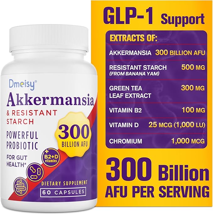 GLP-1 Supplement - 300 Billion AFU Akkermansia Muciniphila, Akkermansia Probiotic for Women & Men, for Boost GLP-1, Digestive, Gut, Immunity, Enhances Gut Lining Function & Intestinal Walls, 60 Count