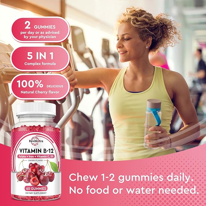 Vitamin B12 Gummies - 5000 mcg Methylcobalamin with Iron, Vitamin C, D3 & Folate, Energy Support and Metabolism, Immune, B-12 Complex Chewable Supplement for Men & Women, Vegan- 60 Count
