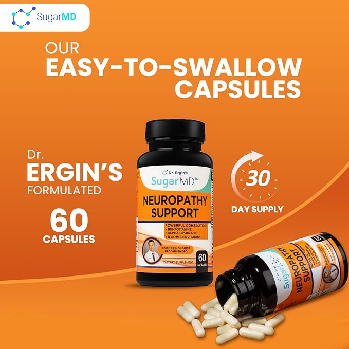 SugarMD Neuropathy Support Supplement โ 60 Nerve Supplement Capsules with Alpha Lipoic Acid, Benfotiamine & Vitamin D3 B6 B12 - Nerve Support Supplement for Feet, Hands, Fingers & Legs - 30 Day Supply
