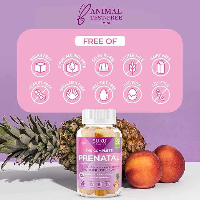 Complete Prenatal - Enriched with Calcium, Vitamin K2, Vitamin B12 and More Gummies - Easy to Chew - Non GMO, Gluten Sugar Free - Pineapple Peach Flavored Gummy Vitamins, 60 Count