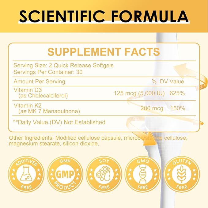 Vitamin D3 K2 Supplement with Vitamin D3 5000 IU, 200 mcg Vitamin K2 MK-7 & Natural Coconut Oil, Plant Based 2-1 Formula for Bone, Teeth, Muscle and Immune Health Support,60 Softgel Capsules, Apple
