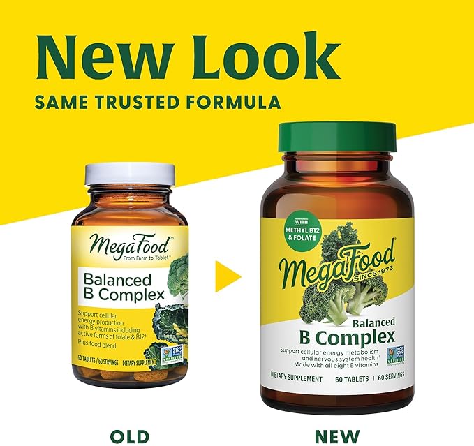 MegaFood Balanced B Complex - B Complex Vitamin Supplement, 8 B Vitamins Including Vitamin B6, Vitamin B12, Folate, Biotin & More, Supports Cellular Energy Production, Vegan, Gluten Free - 90 Tablets